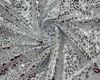 White/Silver Metallic Cheetah Design Nylon Spandex, Metallic Print Cheetah Foil 4 Way Stretch 58/60” Sold By The Yard