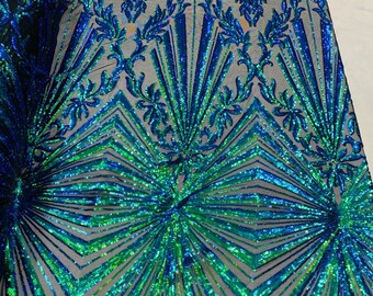 Iridescent Sequin Lace Fabric: Geometric Embroidered Mesh, Prom Gown Fabric
