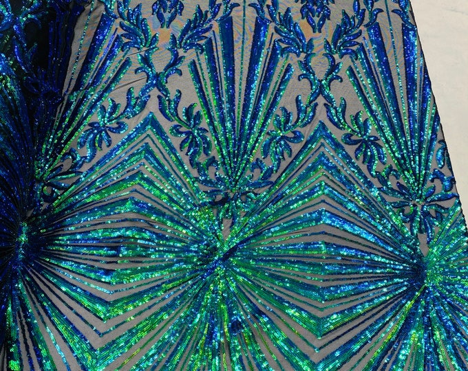 Iridescent Sequins Lace Fabric On Mesh, Geometric Design Embroidered On 4 way Stretch Sequin By The Yard -Prom-Gown ( Choose The Size )