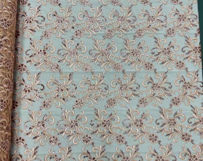 Peach Floral Lace Fabric, by the yard - Embroidery With Sequins on a Mesh Lace Fabric For Gown, Wedding-Bridal