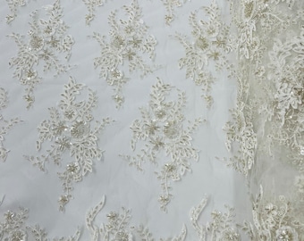 Ivory Beaded Flower Fabric: Embroidered Lace Border, Polyester By The Yard