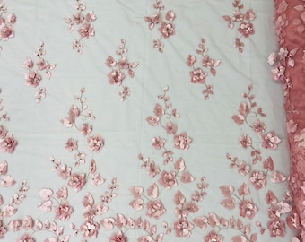 Dusty Rose 3D Floral Embroidered Lace with Pearls, Prom Dress Fabric By The Yard