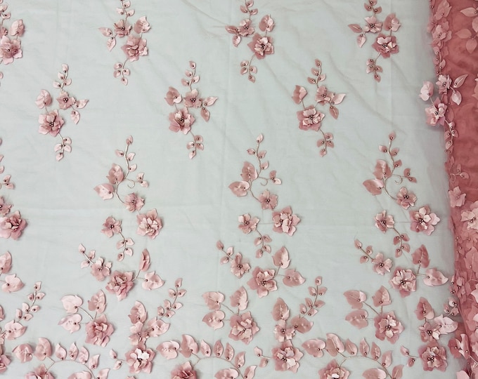 Dusty Rose 3D Floral Design Embroider and Beaded With Pearls On a Mesh Lace-Prom-Dress By The Yard