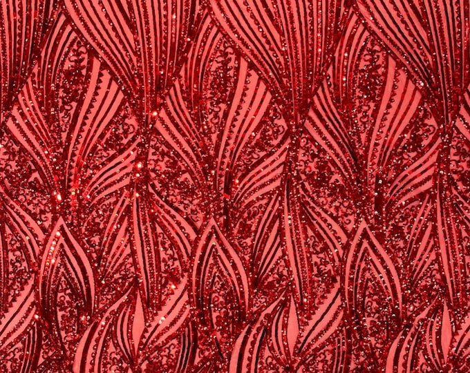 Red Sequins Fabric 4 Way Stretch on a Mesh | Embroidered Damask Design With Sequin Lace Prom-Gown by the yard