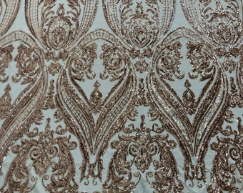 Champagne Damask Sequins Fabric: 4-Way Stretch Spandex Mesh, Prom Gown