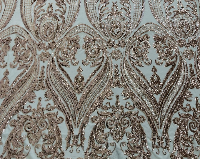 Champagne Sequins - 4 Way Stretch Fancy Big Damask Design Sequins on Spandex Mesh Prom Gala Gown Fabric By The Yard