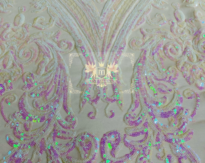 Pink/White Iridescent Sequins - 4 Way Stretch Fancy Big Damask Design Sequins on Spandex Mesh Prom Gala Gown Fabric By The Yard