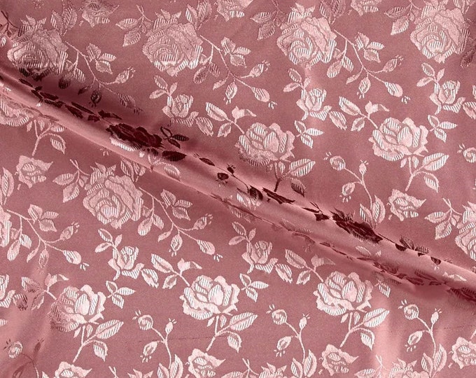 Dusty Rose Flower Brocade Jacquard Satin Fabric, Sold By The Yard Polyester Satin Floral Wide 58/60"  (Choose The Quantity)