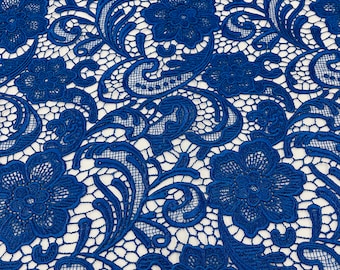 Mia Fabrics Inc, Royal Blue Guipure Lace Fabric Floral Bridal Lace Guipure Wedding Dress by the Yard (Pick a Size)