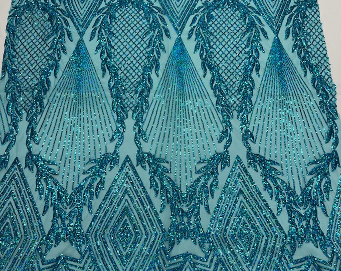 Iridescent Turquoise Sequins on a Mesh - 4 Way Stretch Geometric Diamond Design on Mesh Fabric for Prom Gala Gown By The Yard