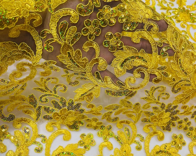 Yellow Metallic Corded Flower Lace Fabric by the yard: Embroider With Holographic Sequins Fabric