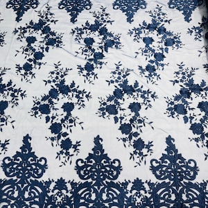 Navy Blue Bridal Lace - by the yard - Damask Design Embroidered on Mesh Lace Fabric, Floral Wedding Dress (Pick a Size)
