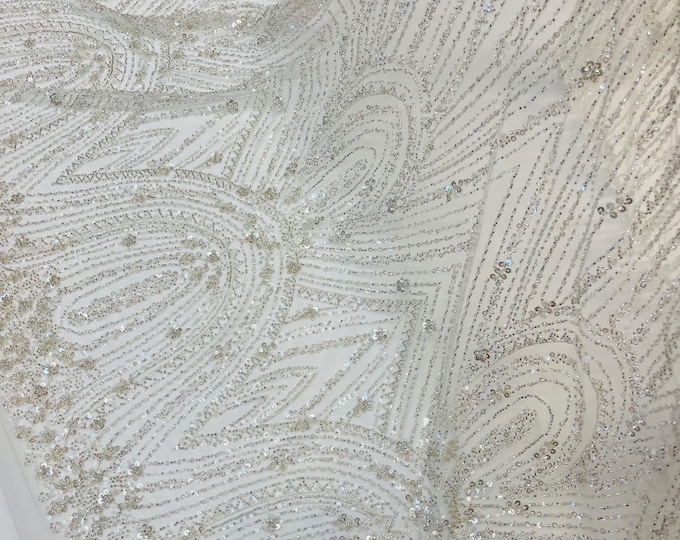 Off White Beaded Fabric | Fashion Pattern With Beads and Sequin, Bridal Pearls Prom Dress