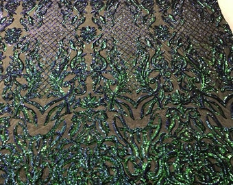 Iridescent Green Sequin Fabric: Luxury Damask Embroidered Spandex