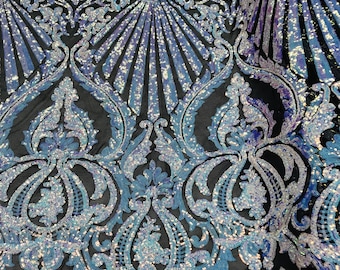 Iridescent Aqua Sequin Lace Mesh Fabric, Selena Design