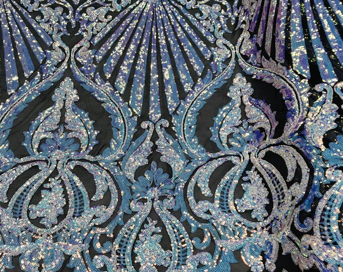 Iridescent aqua, Black Mesh - Selena Design on a 4 Way Stretch Sequin Lace Mesh - Prom Gala Gown Fabric By Yard