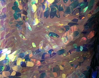 Iridescent Hologram Sequin Fabric: Oval Tear Drop Mesh, 56/58" Wide