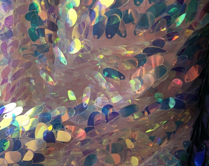 Iridescent Hologram Oval Tear Drop Sequins Fabric - Iridescent Clear  - Mermaid Fabrics Dresses-Nightgowns-Prom Gown (Pick a Size)