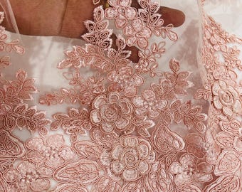 Blush 3D Flower Embroidery Lace Fabric By The Yard, Corded 3D Flower Embroidery Lace Fabric on a Mesh Lace Fabric For Wedding-Bridal