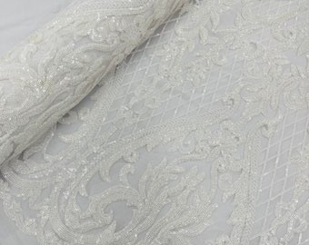 White Sequin Fabric: Embroidered Damask 4-Way Stretch Mesh, Prom Gown Lace