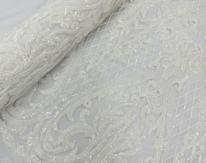 White Sequin Fabric | 4 Way Stretch Mesh | Embroidered Damask Design With Sequin Lace Prom-Gown by the yard