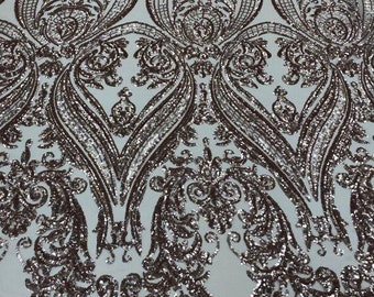 Khaki Sequin Damask Design - 4 Way Stretch Sequin Fabric Spandex Mesh-Prom-Gown By The Yard