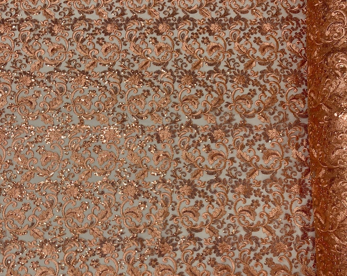 Metallic Peach Floral Lace Fabric By The Yard, Embroidery With Sequins on a Mesh Lace Fabric, Corded sequins Lace
