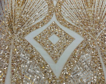 Champagne Beaded Damask Fabric: Bridal Appliqué Lace by the Yard