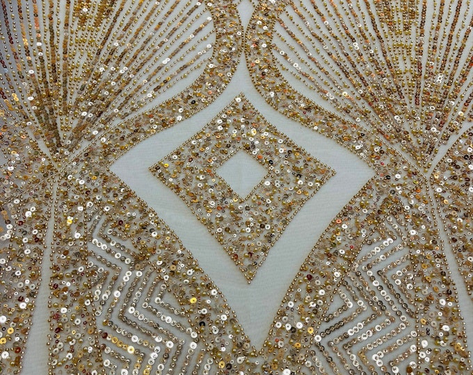 Champagne Beaded Fabric by the yard, Bridal Heavy beaded, Damask Pattern With Beads and Sequin, Appliqué lace for bridals,weddings