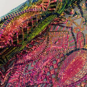 Rainbow Iridescent Sequin Fabric - by yard - on Black Power Mesh, Royalty Design 4 Way Stretch Sequins Fabric Prom-Gown