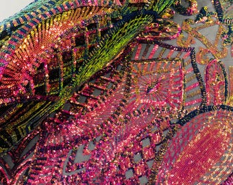 Rainbow Iridescent Sequin Fabric - by yard - on Black Power Mesh, Royalty Design 4 Way Stretch Sequins Fabric Prom-Gown