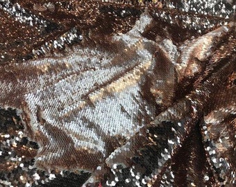 Rose Gold Flip Up Sequins Fabric: 2-Way Stretch, Reversible Mermaid Scales