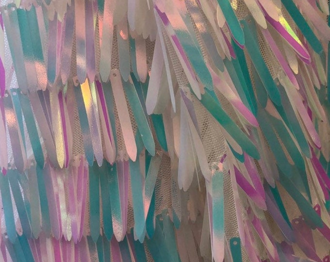 Aqua Iridescent Sword Shaped Sequins by the yard (Pick a Size) Costume Craft Fabric - Swords Design Iridescent Sequin Fabric