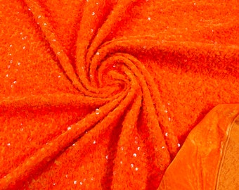 Neon Orange Sequin Fabric: 5mm Sequins on Stretch Velvet