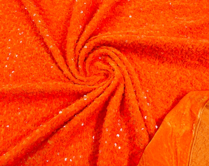 Neón Orange Sequin Fabric on Orange Stretch Velvet by the yard all Over 5mm Sequins Velvet 2-way Stretch 58-60”