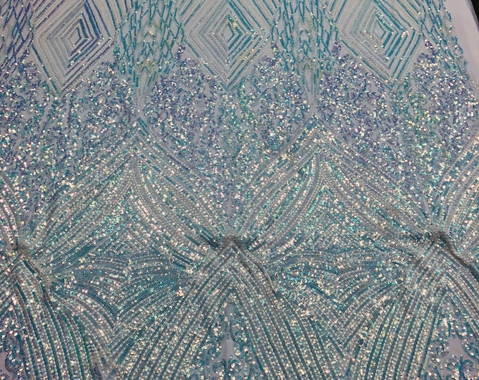 Iridescent Clear Sequins 4 Way Stretch Geometric Sequins - Nova Design Triangular Fabric for Prom Gala Gown Sold By The Yard