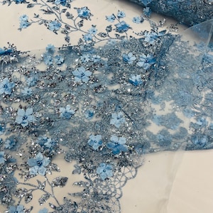 Baby Blue 3D Flower Sequin Fabric, Glitter Floral Mesh, Wedding Dress ...