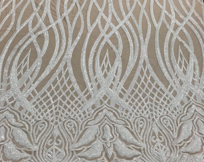 White Sequins Lace Fabric On Nude Mesh Vines Design Embroidered On 4way Stretch Sequin By The Yard -Prom-Gown ( Choose The Size )