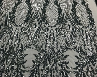 Silver Sequin Geometric Diamond Design Fabric - 4 Way Stretch Mesh, By The Yard