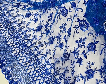 Royal Blue Beaded Sequined Lace Fabric: Embroidered Mesh, Bridal Wedding Dress