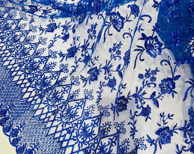 Royal Blue Beaded Sequined Lace Fabric: Embroidered Mesh, Bridal Wedding Dress