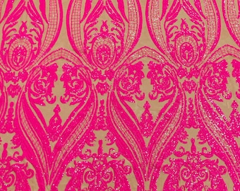 Neon Pink Damask Sequined Fabric – 4-Way Stretch Mesh, Prom Gown Material