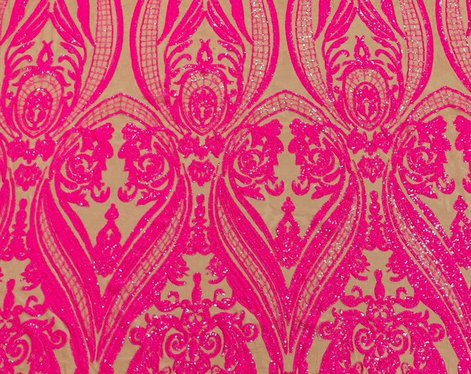 Neon Hot Pink Sequins - 4 Way Stretch Fancy Big Damask Design Sequins on Spandex Mesh Prom Gala Gown Fabric By The Yard