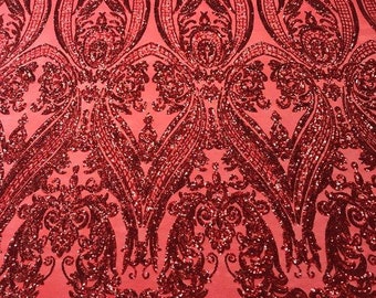 Red Sequin Damask Fabric: 4-Way Stretch Spandex Mesh, Prom Gown Material