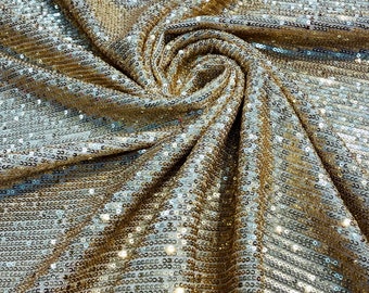 Gold Mille Stripe Sequin Fabric: 4-Way Stretch Mesh, Couture Gown Material
