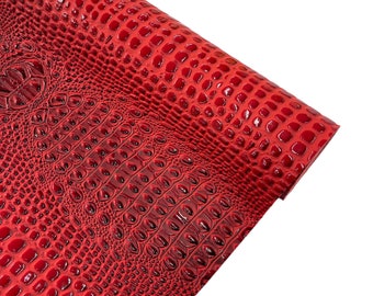 Red Gator 3D Embossed Vinyl Fabric - By Yard Glossy Crocodile 2 Tone Faux Leather