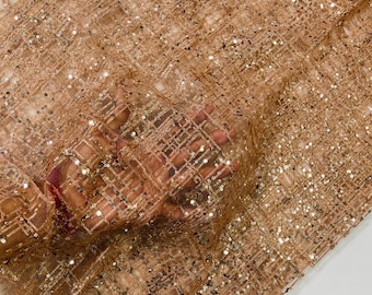 Rose Gold Glitter Fabric on a Mesh Lace Fabric By The Yard for Wedding Decor/Geometric Glitter Fabric  Bridal/Prom/Shimmer/Luxury Sparkle