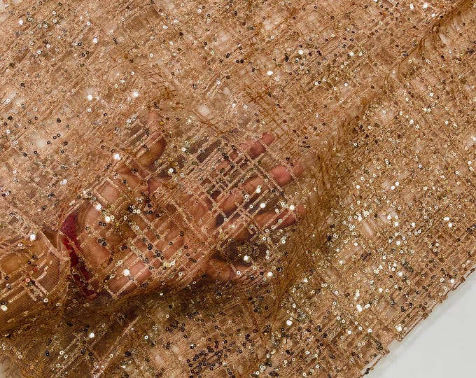 Rose Gold Glitter Fabric on a Mesh Lace Fabric By The Yard for Wedding Decor/Geometric Glitter Fabric  Bridal/Prom/Shimmer/Luxury Sparkle