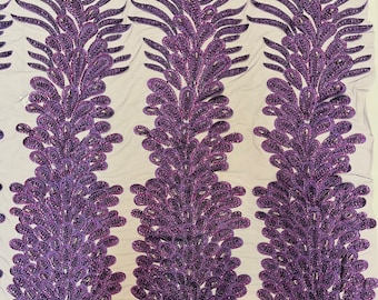 Purple Beaded Peacock Feathers - 3D Vegas Design with Embroidered Sequins and Beads On a Mesh Lace Fabric for Prom Dress ( By Panel )