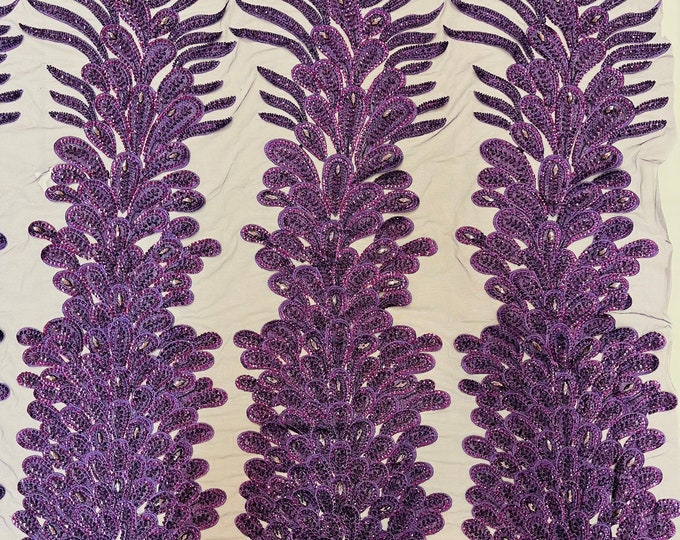 Purple Beaded Peacock Feathers - 3D Vegas Design with Embroidered Sequins and Beads On a Mesh Lace Fabric for Prom Dress ( By Panel )